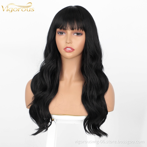 Vigorous wholesale price high quality 22 inch body wave synthetic long body wave hair wigs with bangs for black women